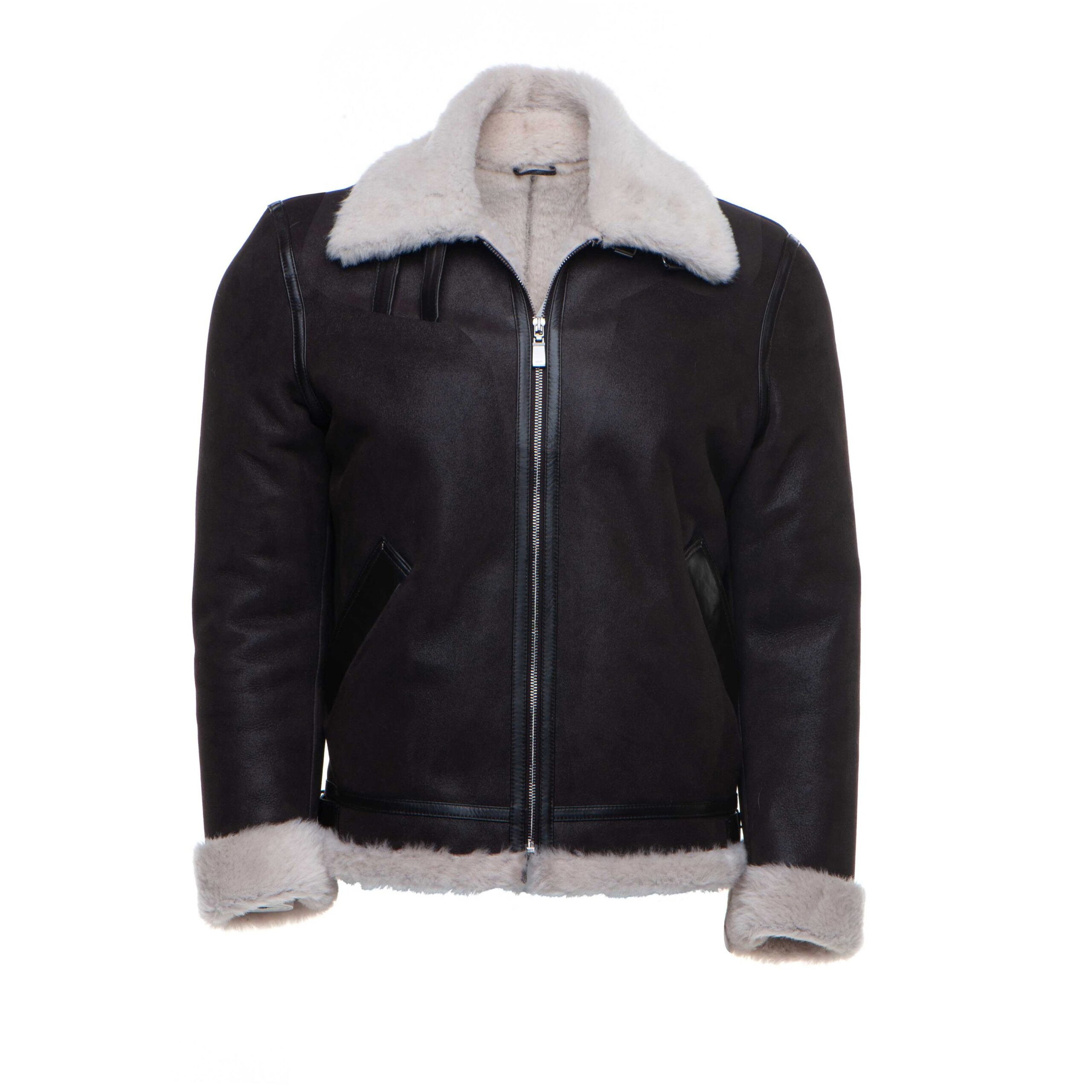 663-scaled-1.jpg Hampton's Classic Brown Bomber Aviator Shearling Jacket with collar belt - Image 1
