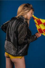Women Black Punk Silver Long Spiked Studded Black Leather Jacket - Image 6