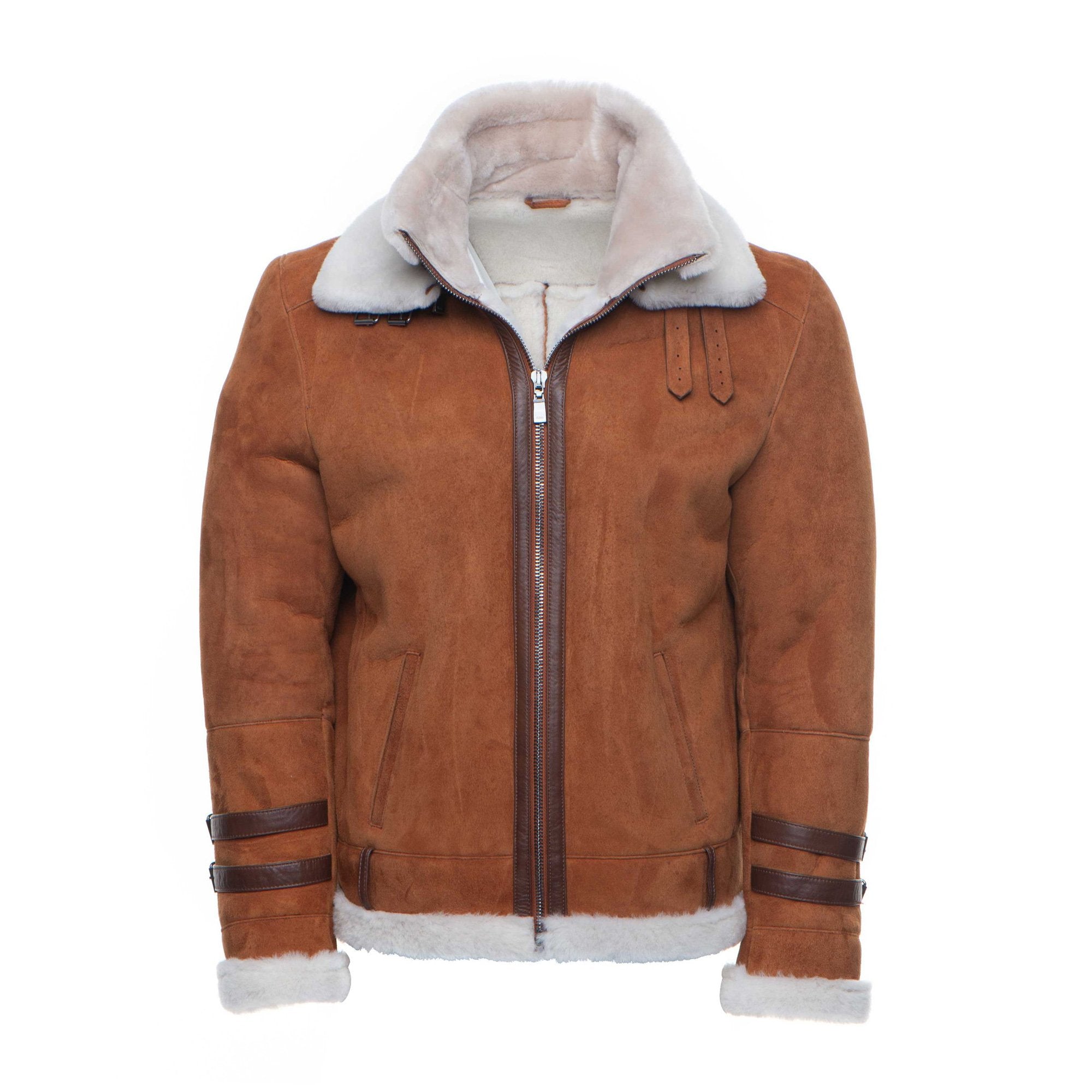 718.jpg Hagan's Tan Aviator Bomber Suede Shearling Jacket - Image 1