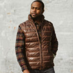 Mens Dark Brown Bubble Leather Down Vest - Image 4