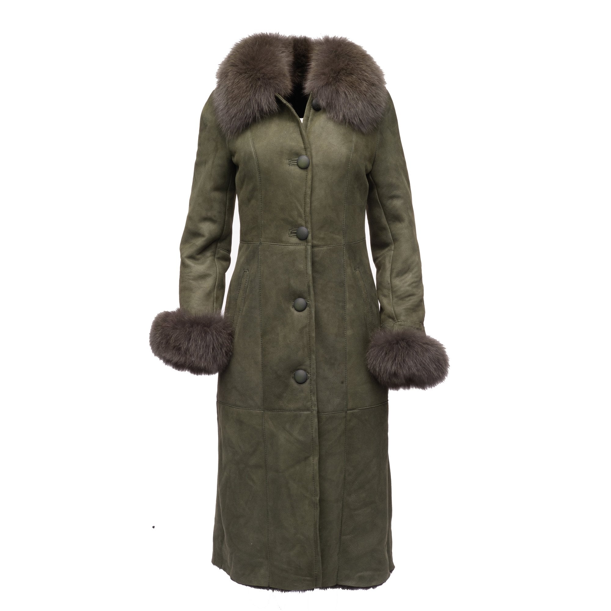 934.jpg Caitlan's Shearling Sheepskin Long Coat with Fox Fur Trim - Image 1