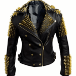 Men's Gold Studded Leather Biker Jacket In Black