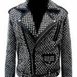 Men's Studded Biker Leather Jacket In Black