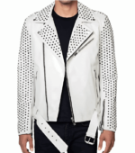 Men's Studded Biker Leather Jacket In White