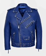 Men's Studded Leather Biker Jacket In Blue
