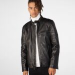 Men's Leather Biker Cafe Racer Jacket In Black