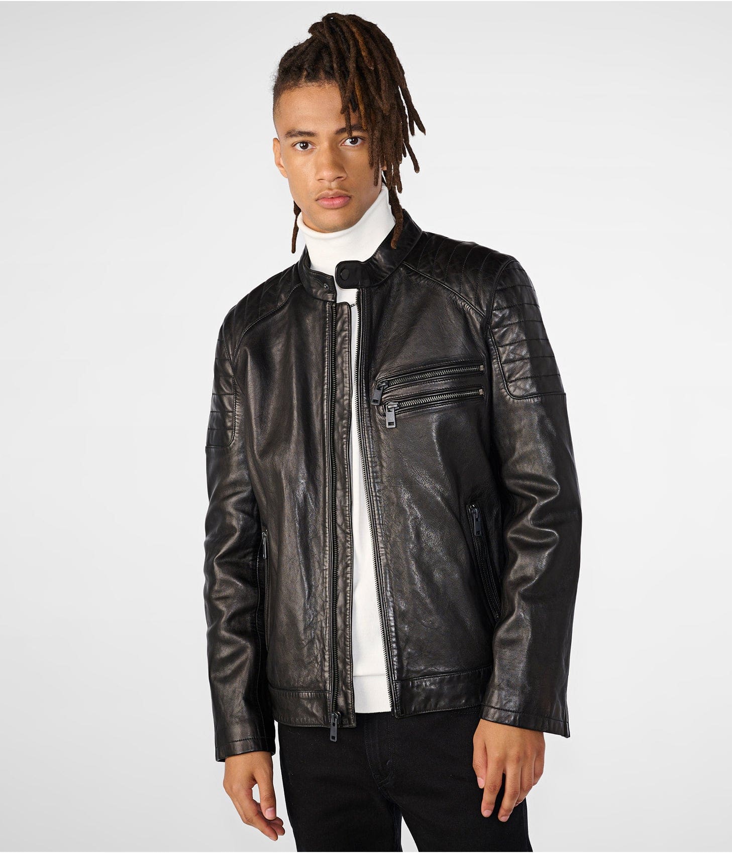 Best-Mens-Leather-Biker-Cafe-Racer-Jacket-In-Black-1.jpg Men's Leather Biker Cafe Racer Jacket In Black - Image 1