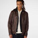 Men's Leather Cafe Racer Moto Jacket In Dark Brown