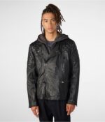 Men's Leather Removable Hood Moto Jacket In Black - Image 2