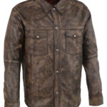Leather Men's Distressed Brown Light Leather Snap Front Shirt