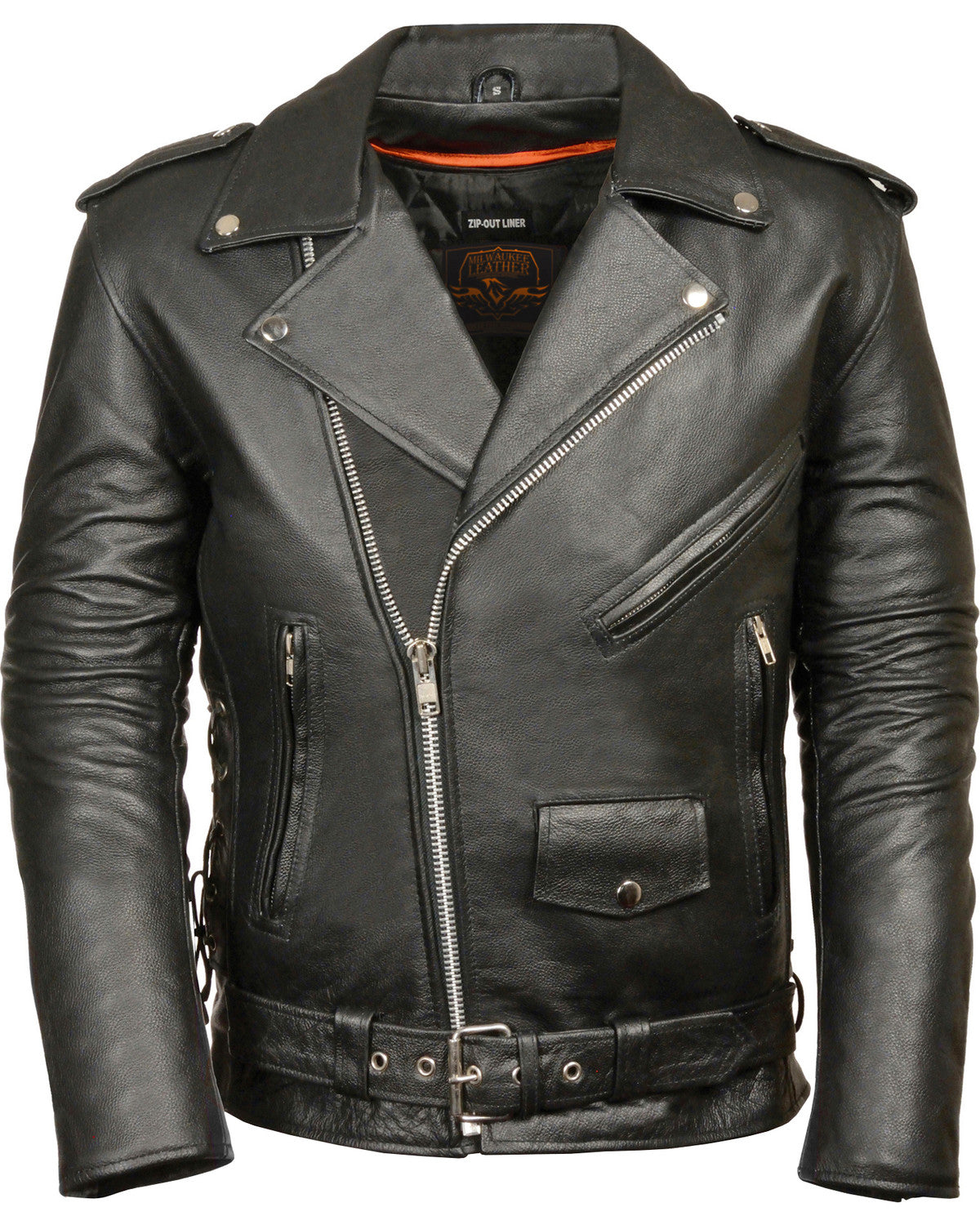 Biker-Leather-Jacket-1_9ded5b4f-d9a0-4fea-898a-d8bb5070f9e1.jpg Men's Classic Side Lace Police Style Motorcycle Jacket - Image 1
