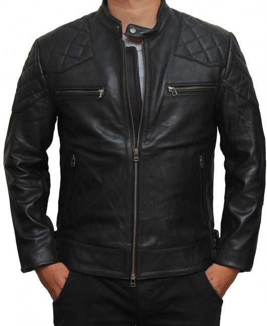 Biker-Leather-Jacket-1_9ecc6ec2-b72a-4072-8a16-33a2cc601c71.jpg Mens BECKHAM Black Quilted Retro Biker Jacket - Image 1