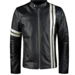 Mens Black Leather Biker Jacket With White Stripes