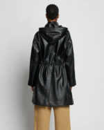 Black Hooded Sheepskin Leather Trench Duster Coat - Image 2