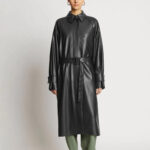 Black Sheepskin Leather Plain Trench Coat