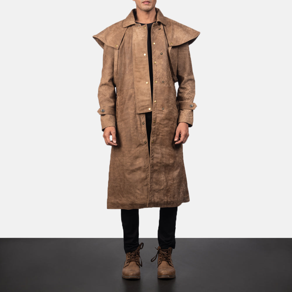 BrownLeatherDusterCoatMens.jpg Brown Sheepskin Leather Trench Duster Coat Mens - Image 1
