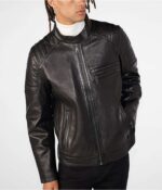 Men's Leather Biker Cafe Racer Jacket In Black - Image 2