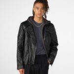 Men's Leather Removable Hood Moto Jacket In Black