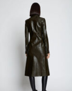 Dark Green Slim Fit Leather Long Trench Coat - Image 2
