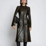 Dark Green Slim Fit Leather Long Trench Coat