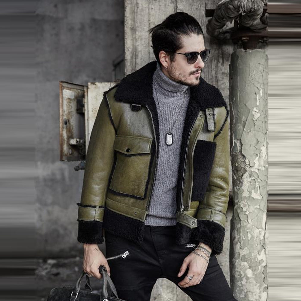 GreenMensRAFFlyingPilotSheepskinShearlingLeatherJacket.jpg Green Mens RAF Flying Pilot Sheepskin Shearling Leather Jacket - Image 1