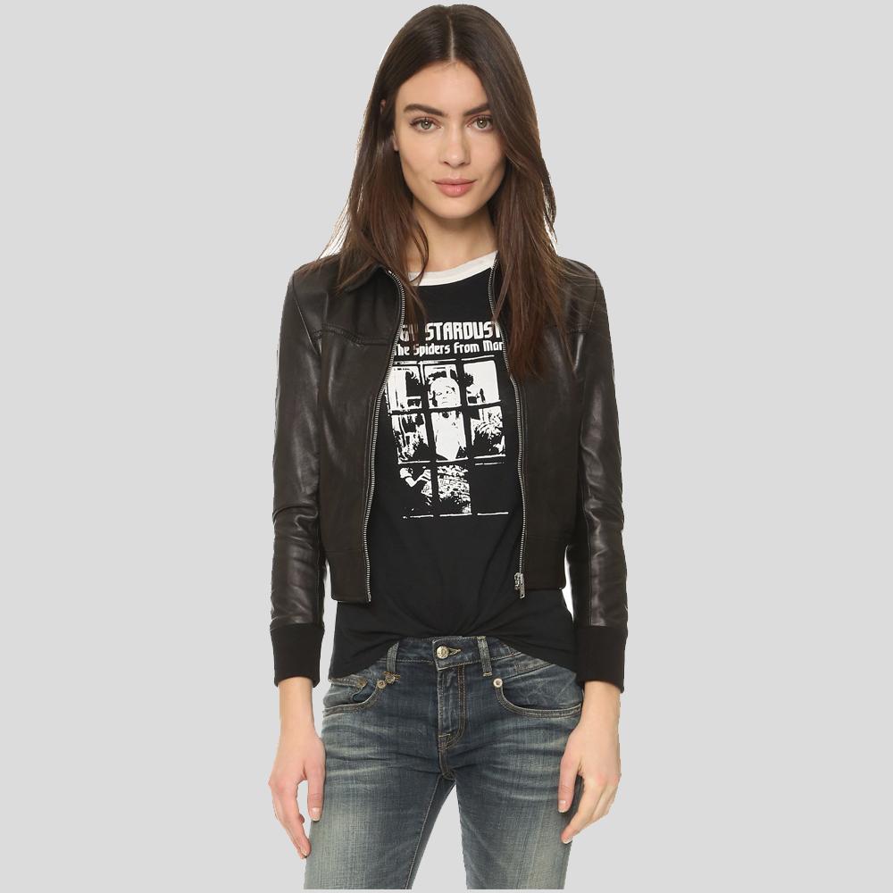 HalleBlackBomberLeatherJacket1.jpg Halle Black Bomber Leather Jacket - Image 1