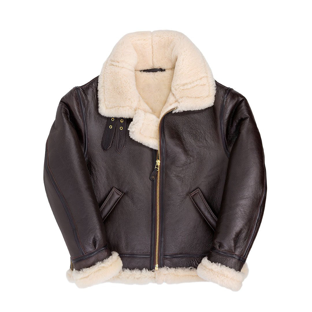 Hooded-Sheepskin-Bomber-Brown-Front-Closed.jpg Men's Shearling B3 Fur Hoodie Style Bomber Coat - Image 1
