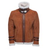 Hagan's Tan Aviator Bomber Suede Shearling Jacket - Image 3