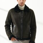 Men Aviator Dark Green Shearling Jacket