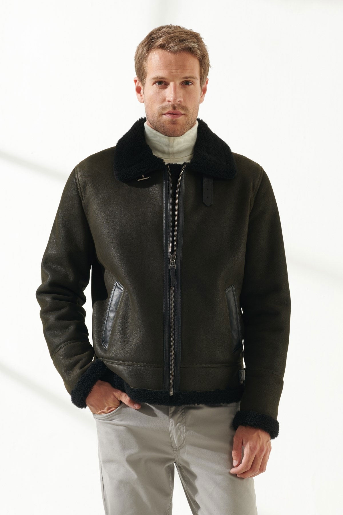 Men-Aviator-Dark-Green-Shearling-Jacket.jpg Men Aviator Dark Green Shearling Jacket - Image 1