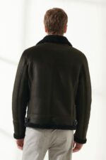 Men Aviator Dark Green Shearling Jacket - Image 2