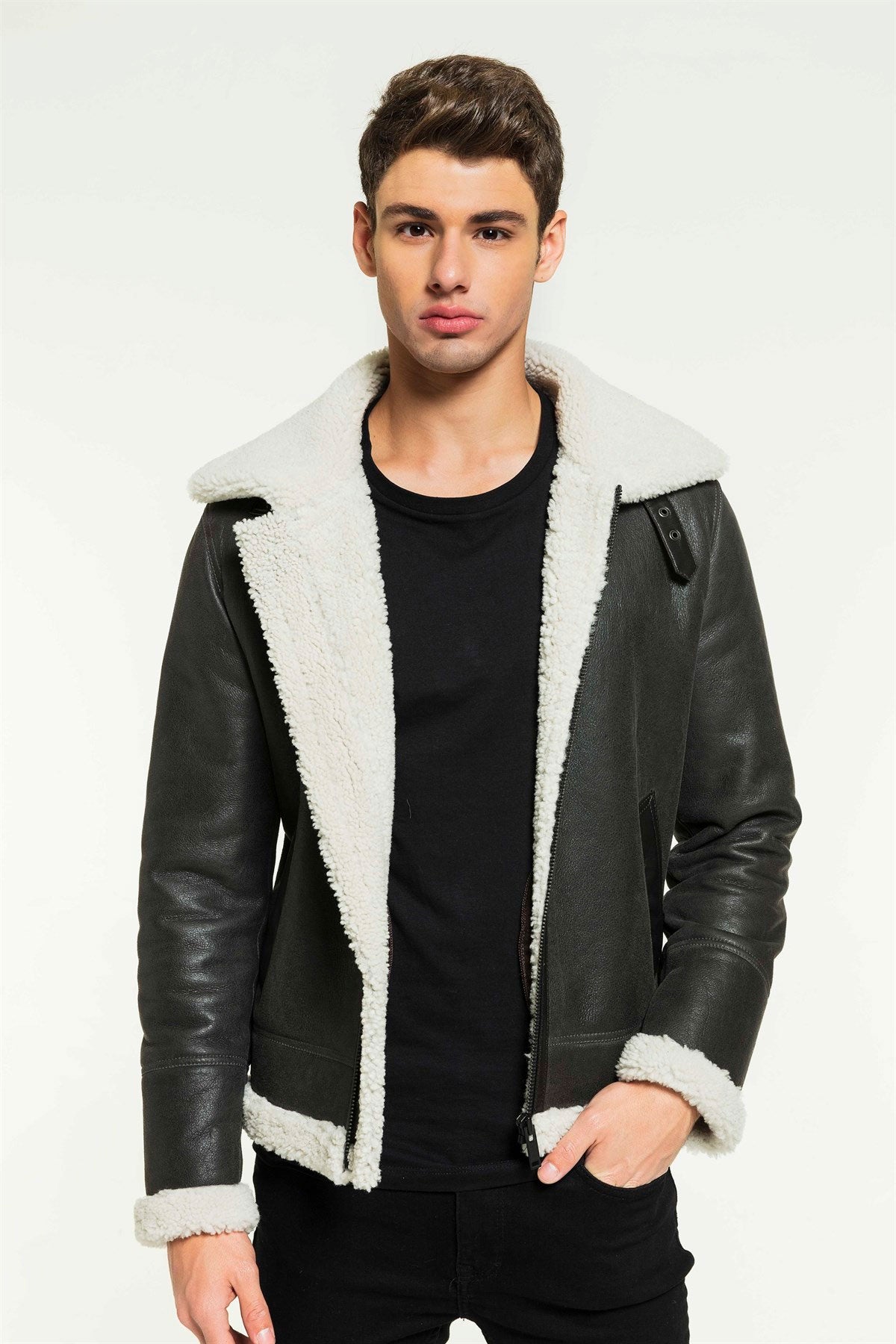 Men-Aviator-Grizzly-Grey-Shearling-Jacket.jpg Men Aviator Grizzly Grey Shearling Jacket - Image 1