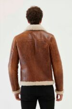 Men Aviator Tan&Off White Shearling Jacket - Image 2