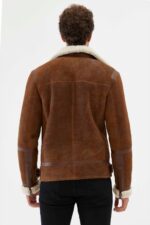 Men Aviator Tan&Off White Shearling Jacket - Image 2