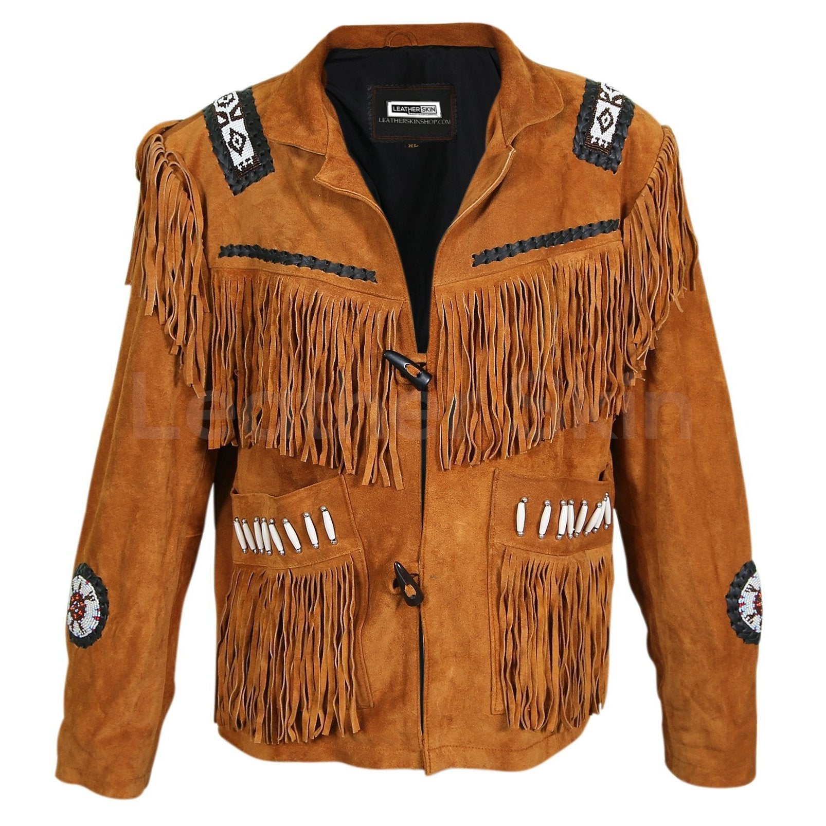 Men-Brown-Western-Fringes-with-white-beads-decoration-1-1.jpg Men Brown Western Fringes with white beads decoration - Image 1
