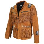 Men Brown Western Fringes with white beads decoration - Image 2