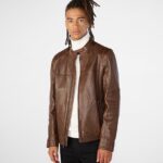 Men's Leather Cafe Racer Biker Jacket In Dark Brown