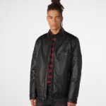 Men's Leather Jacket In Black With Quilted Shoulder