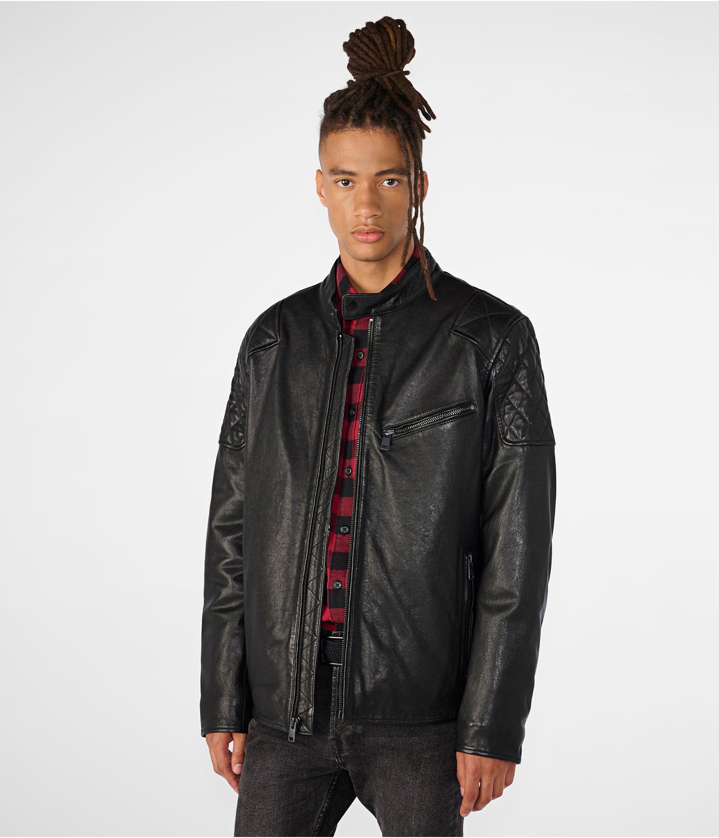 Men-Leather-Jacket-In-Black-With-Quilted-Shoulder-a-1.jpg Men's Leather Jacket In Black With Quilted Shoulder - Image 1