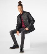 Men's Leather Jacket In Black With Quilted Shoulder - Image 2