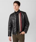 Men's Leather Moto Jacket In Black With Stripes On Front - Image 4