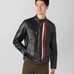 Men's Leather Moto Jacket In Black With Stripes On Front