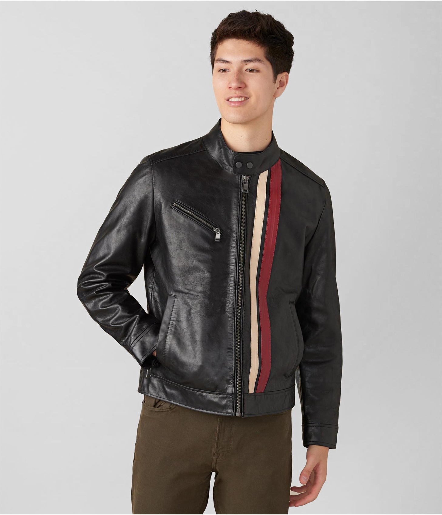 Men-Leather-Moto-Jacket-In-Black-With-Stripes-On-Front-b-1.jpg Men's Leather Moto Jacket In Black With Stripes On Front - Image 1