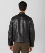 Men's Leather Moto Jacket In Black With Stripes On Front - Image 3