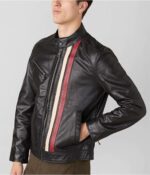 Men's Leather Moto Jacket In Black With Stripes On Front - Image 2