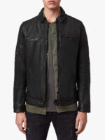 Men Solid Black Leather Jacket - Image 3