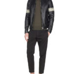 Men Black Leather Jacket With White Strips
