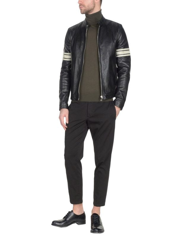 MenBlackLeatherJacketWithWhiteStrips.jpg Men Black Leather Jacket With White Strips - Image 1