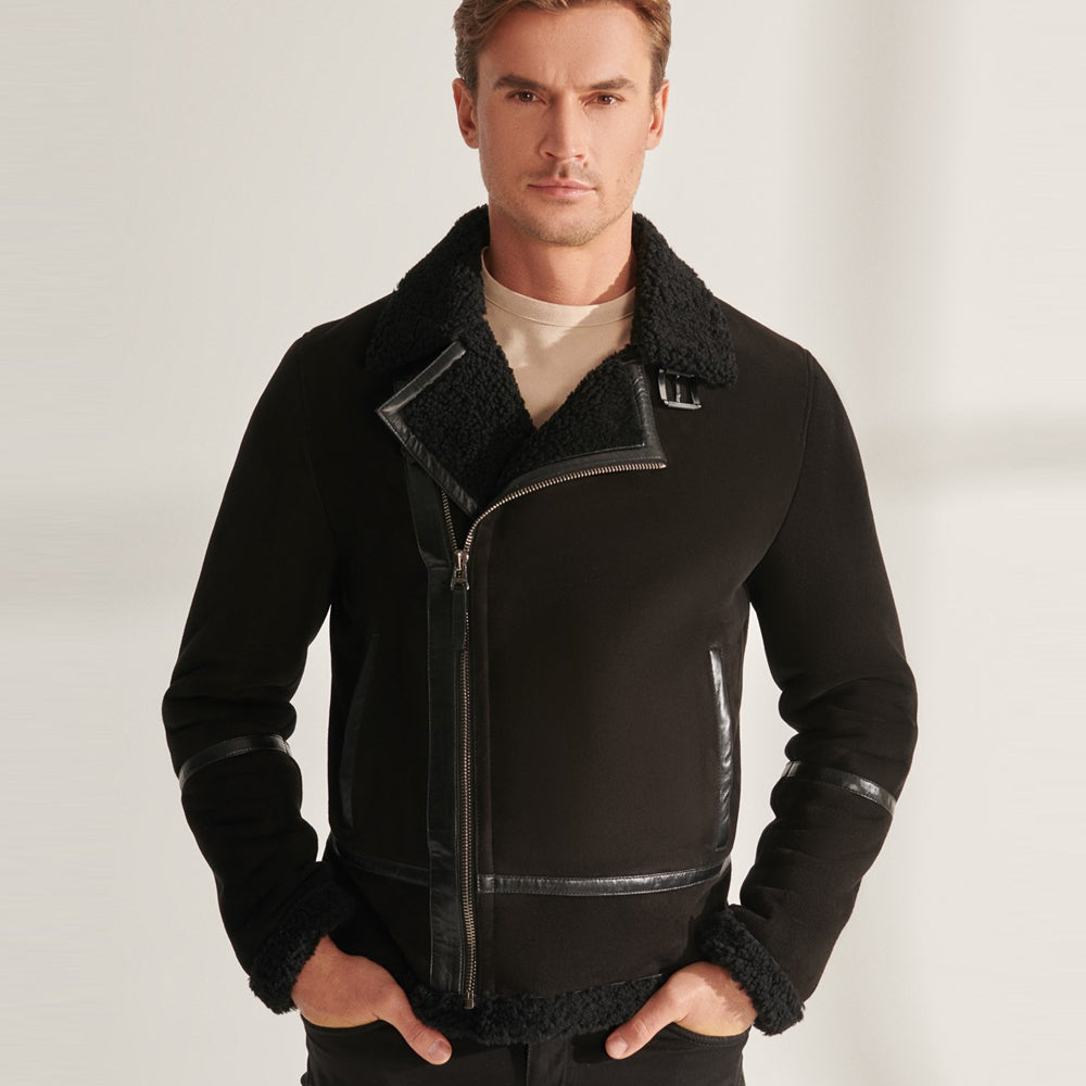 MenBlackSportShearlingLeatherJacket2.jpg Men Black Pilot Sheepskin Shearling Leather Aviator Jacket - Image 1