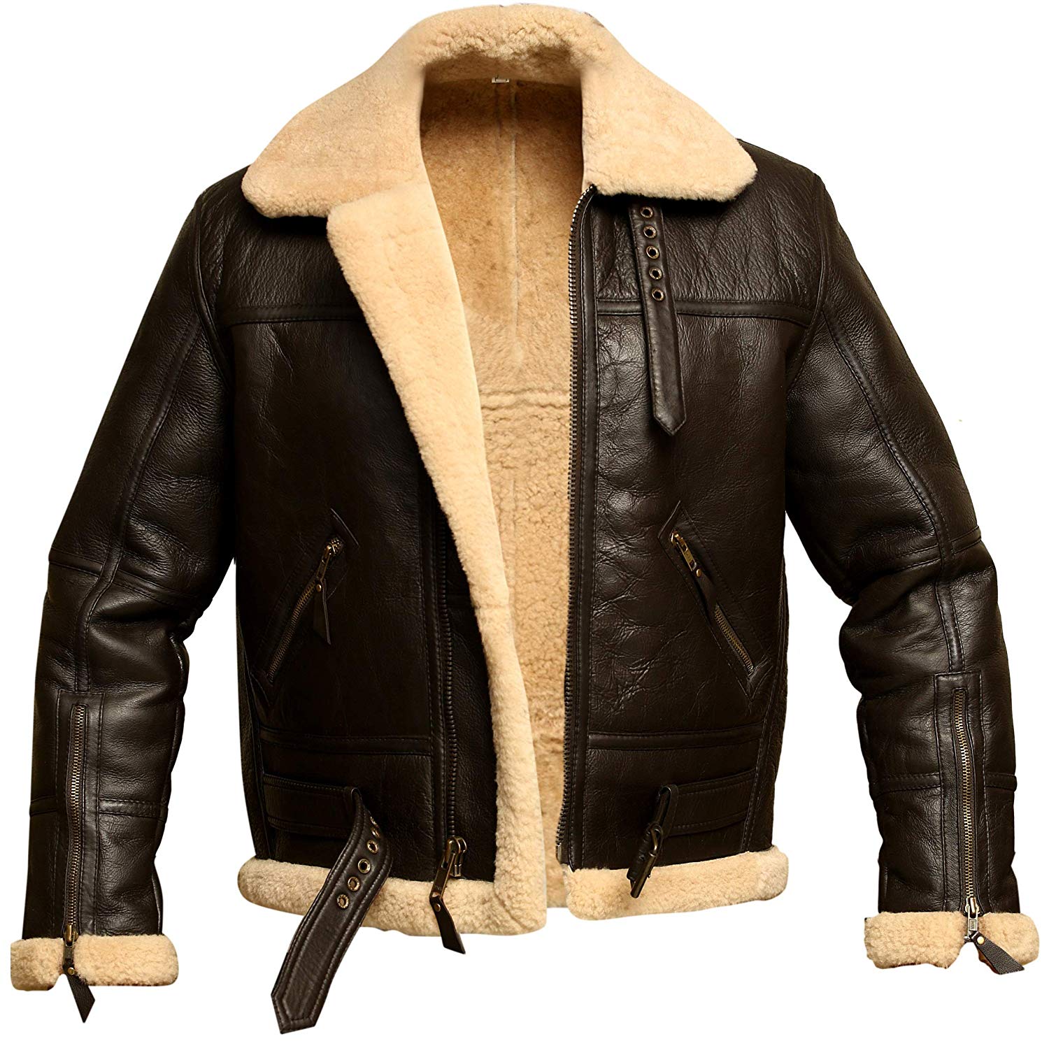 MenBrownB3RAFAviatorBomberRealShearlingSheepskinLeatherJacket.jpg Mens Brown B3 RAF Aviator Bomber Shearling Real Sheepskin Leather Jacket - Image 1
